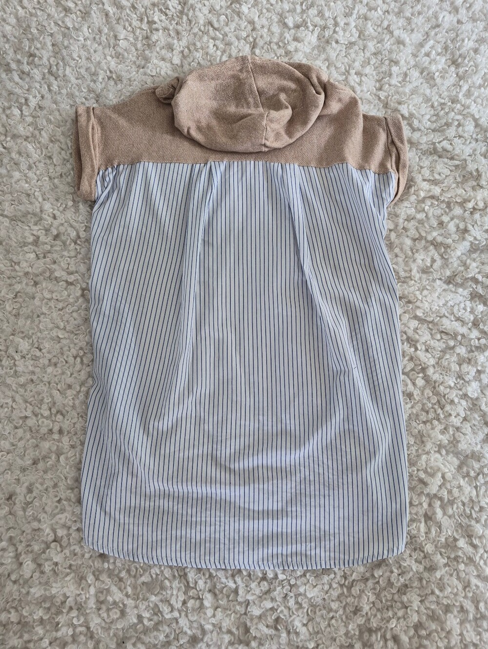 Korean Mixed Media Hooded Tunic Dress Beige Knit Blue Stripe Layered FIts M/S - Picture 7 of 11